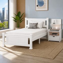 King Single Bed Frame with Bedside Table Storage Drawer Shelf White Bedroom Set