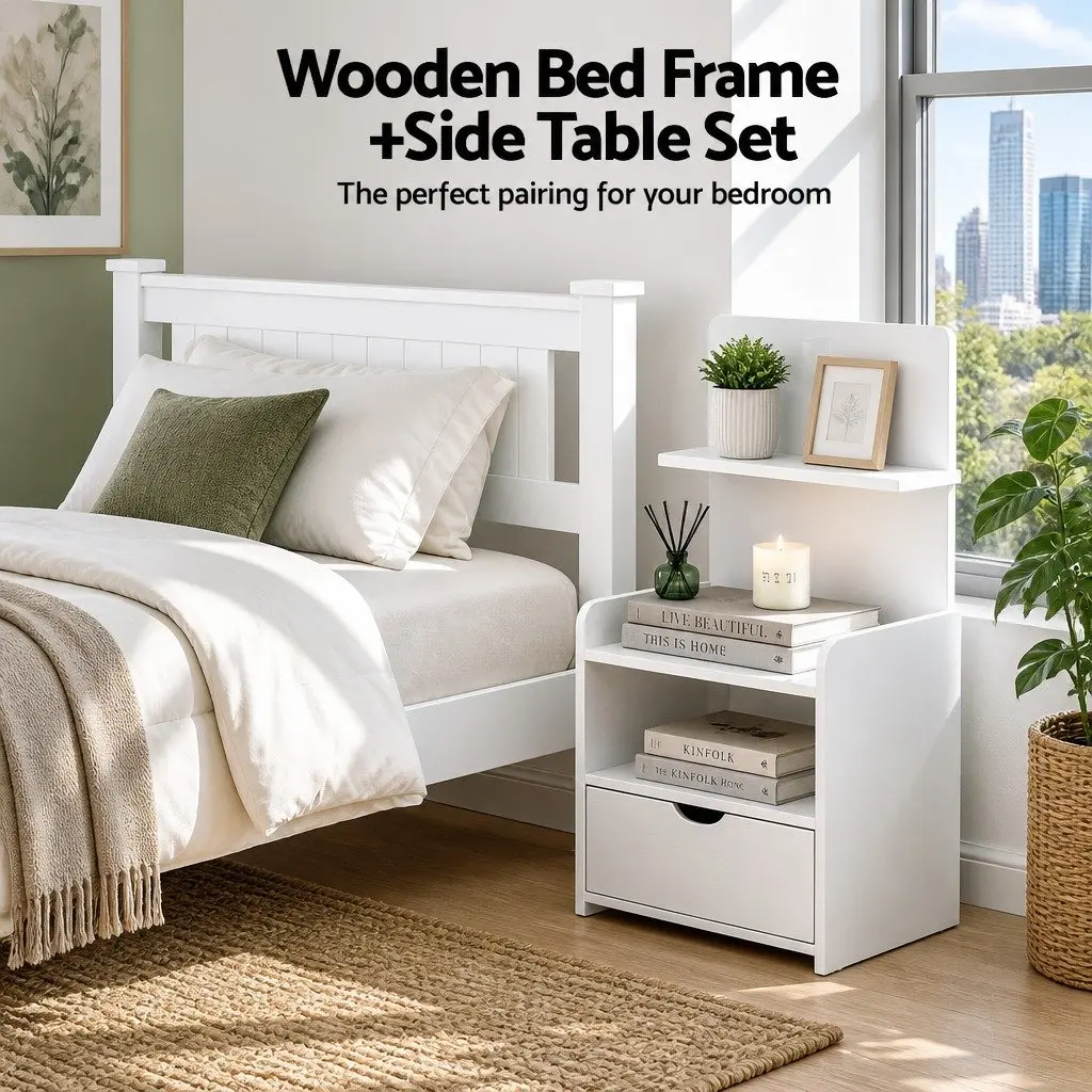 King Single Bed Frame with Integrated Nightstand