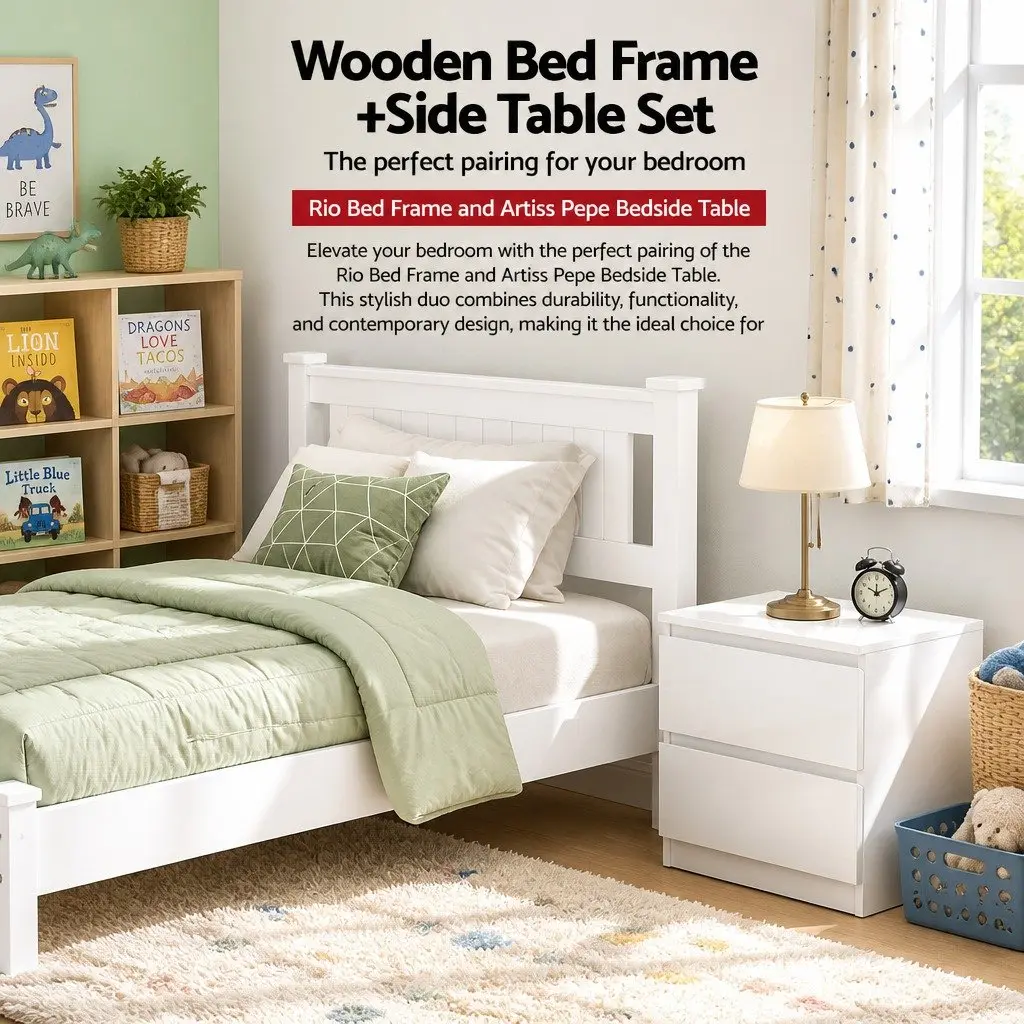 King Single Bed Frame with Bedside Table Wooden Storage Bedroom Furniture Set