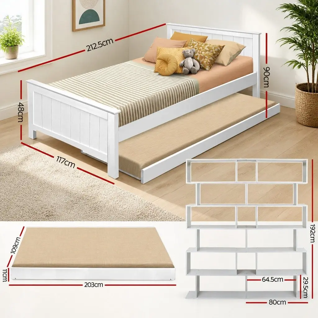 King Single Bed Frame with Trundle and Display Shelf