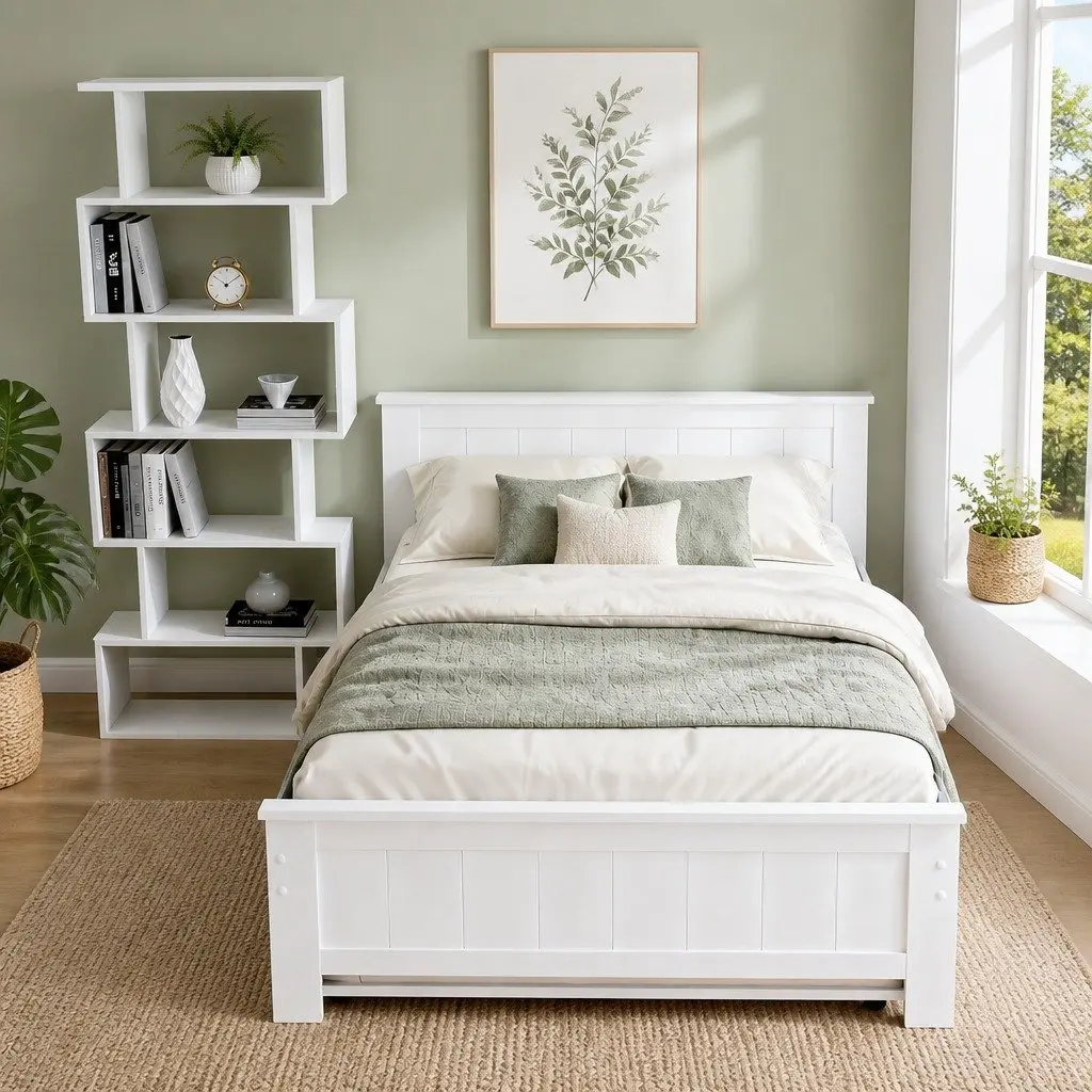 King Single Bed Frame with Trundle and Display Shelf