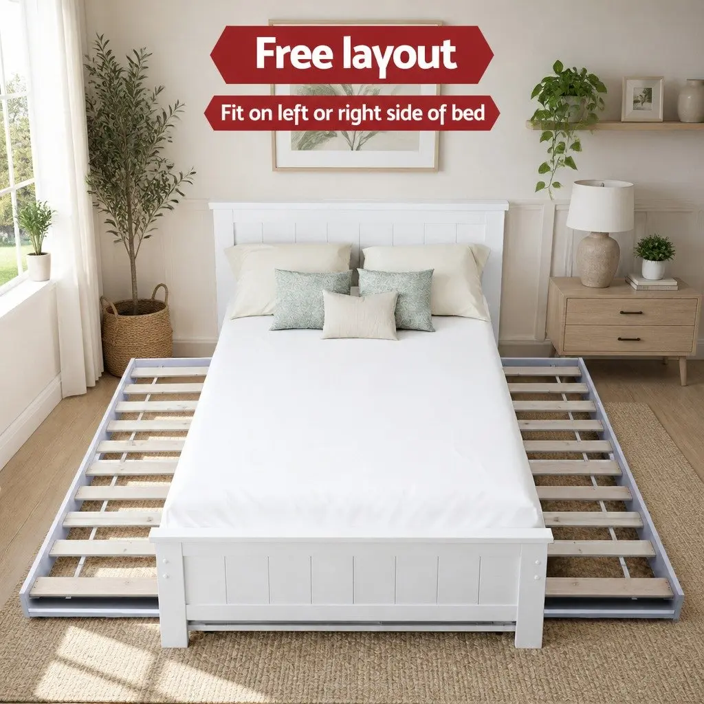 King Single Bed Frame with Trundle and Display Shelf