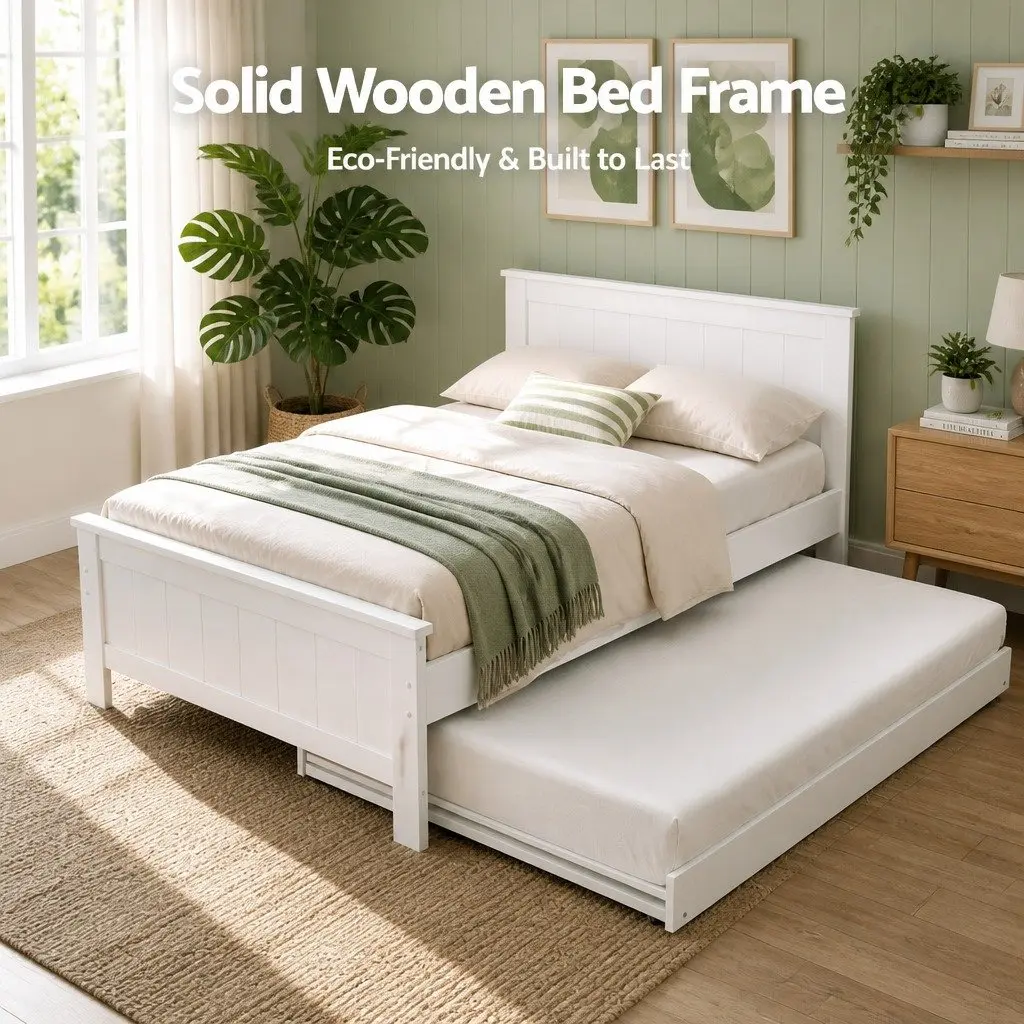 King Single Bed Frame with Trundle and Display Shelf