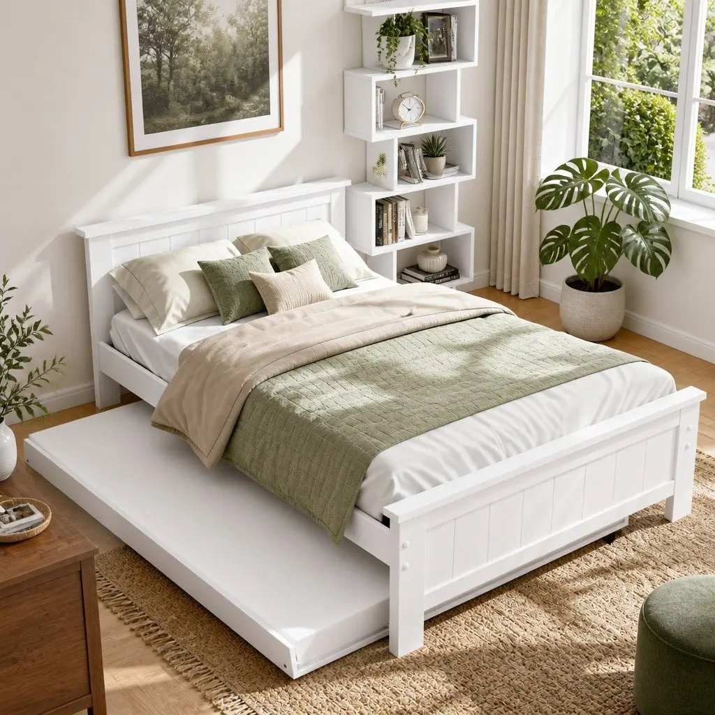 King Single Bed Frame with Trundle and Display Shelf