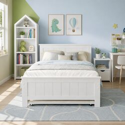 King Single Bed Frame with Trundle and Bedside Table Storage White