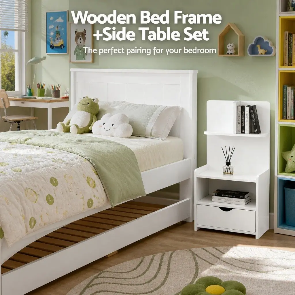 King Single Bed Frame Pine Wood with Trundle and Bedside Table Storage White