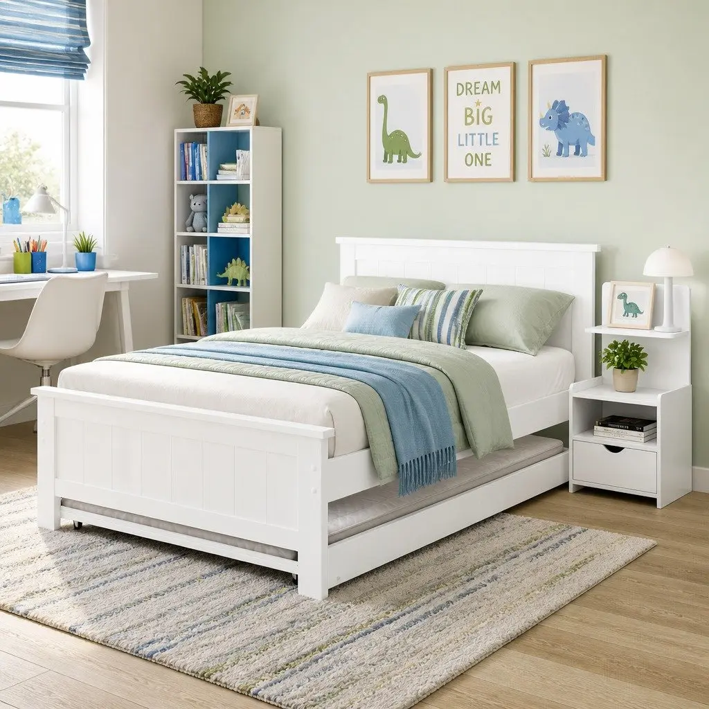 King Single Bed Frame Pine Wood with Trundle and Bedside Table Storage White