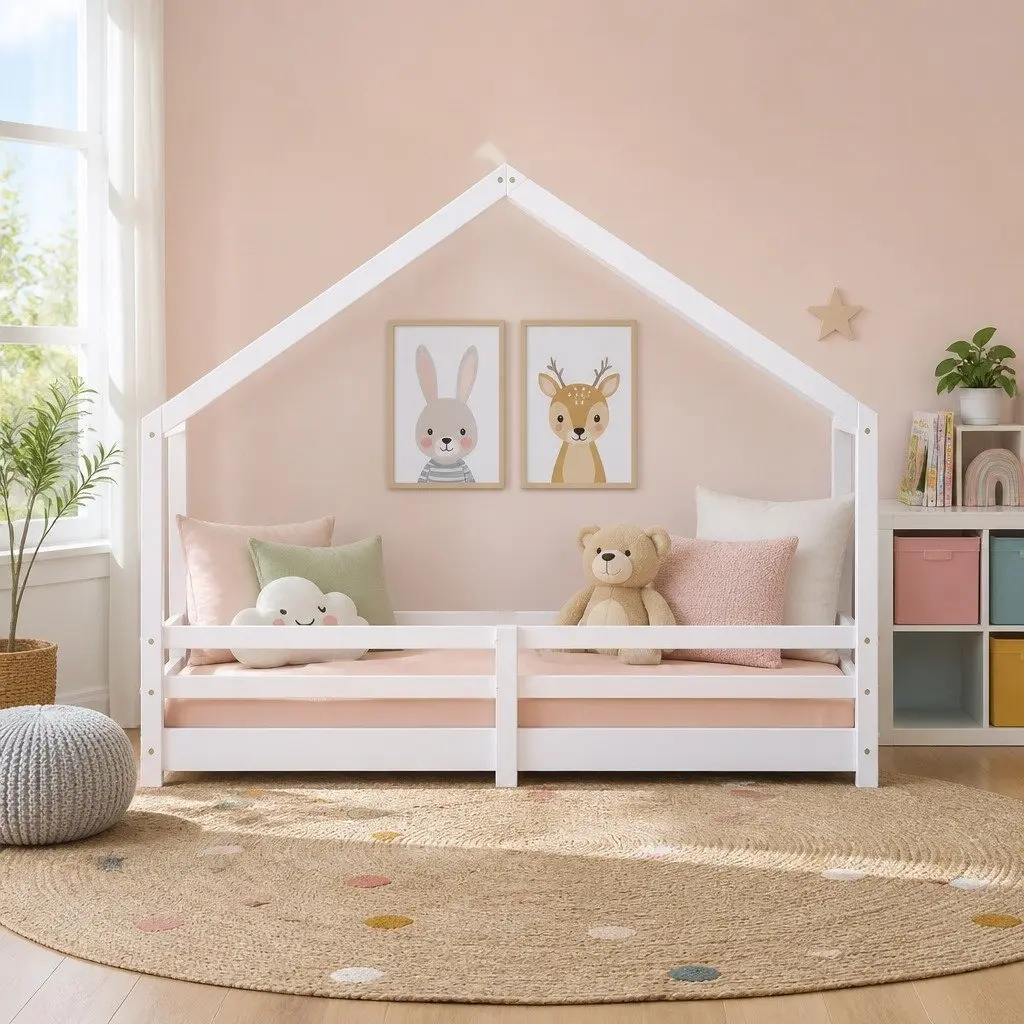 Kids Bed Frame Solid Pine Wood White House-Shaped Single Size