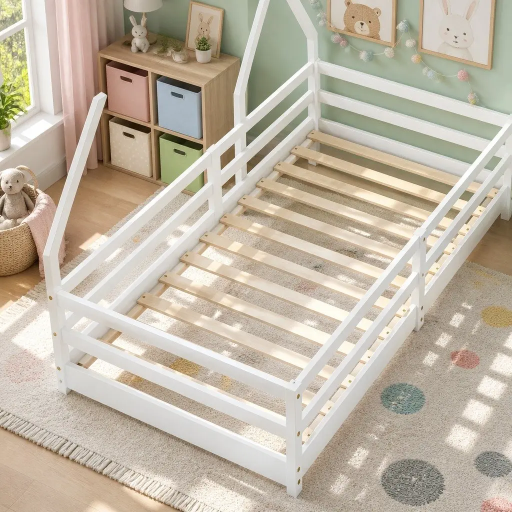 Kids Bed Frame Solid Pine Wood White House-Shaped Single Size