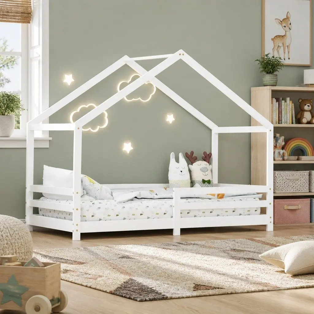 Kids Bed Frame Solid Pine Wood White House-Shaped Single Size