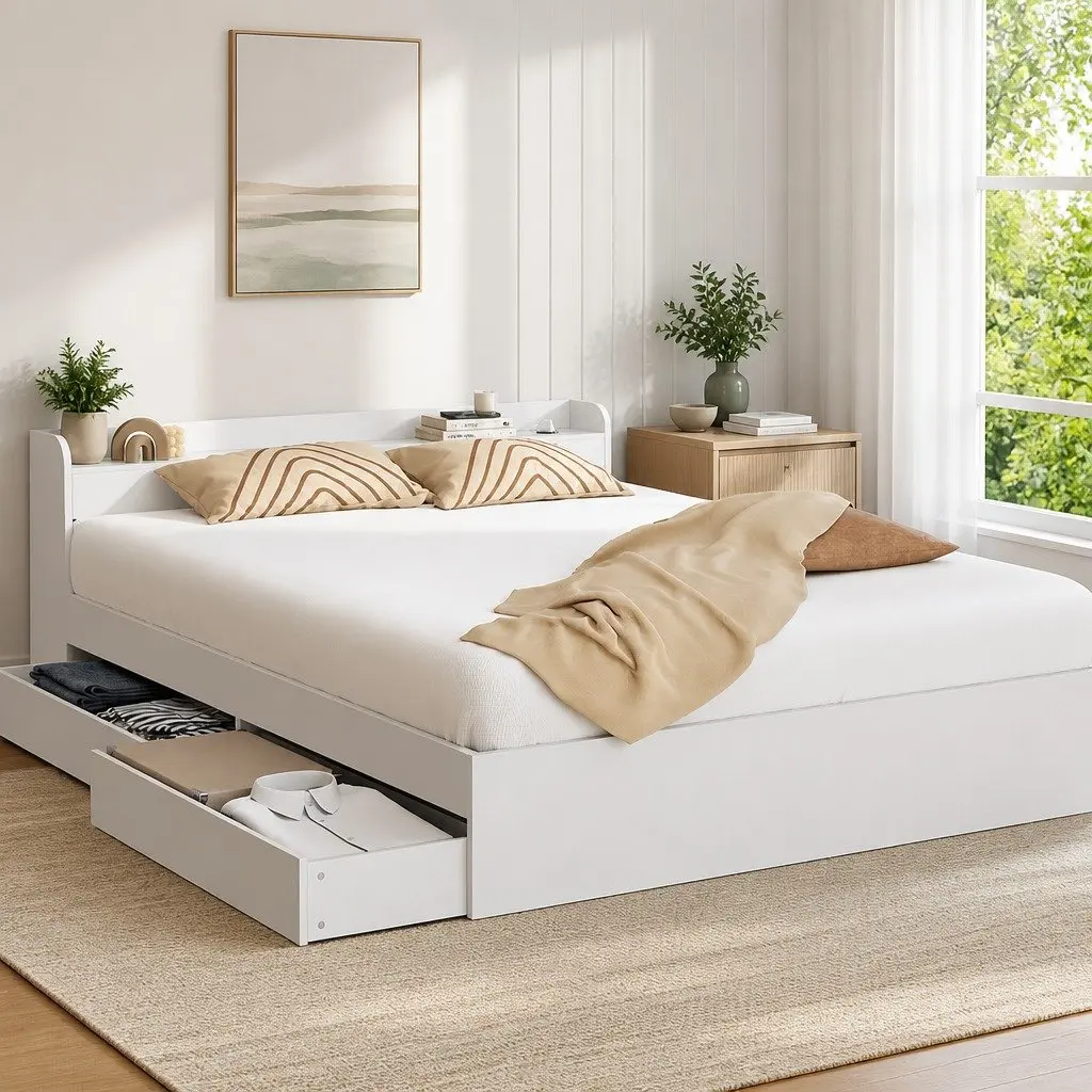 White Double Bed Frame with Storage Headboard & USB Ports