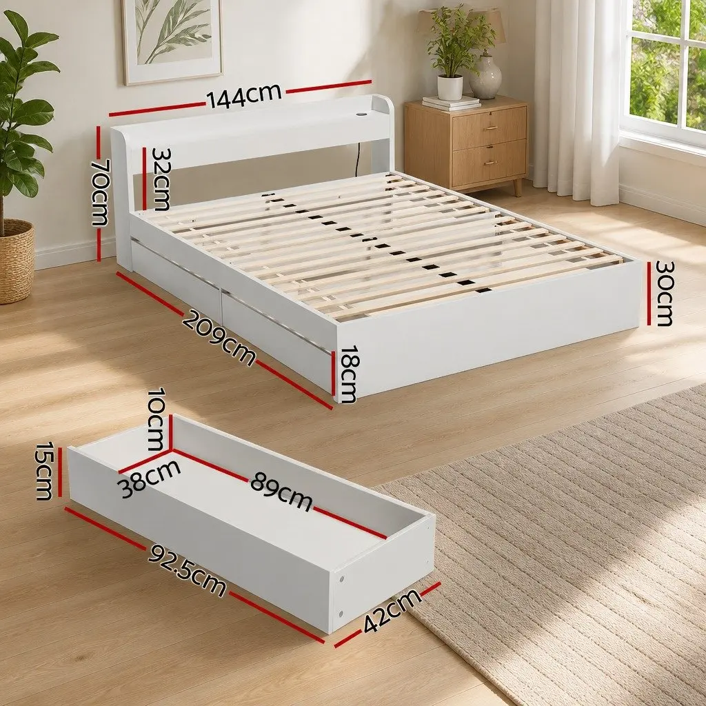 White Double Bed Frame with Storage Headboard & USB Ports