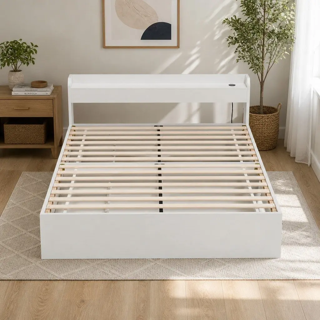 White Double Bed Frame with Storage Headboard & USB Ports