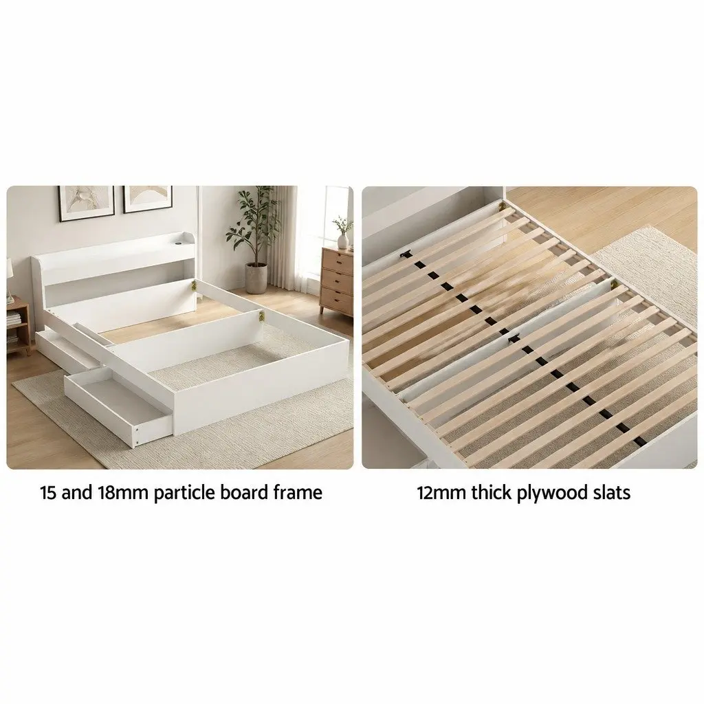 White Double Bed Frame with Storage Headboard & USB Ports