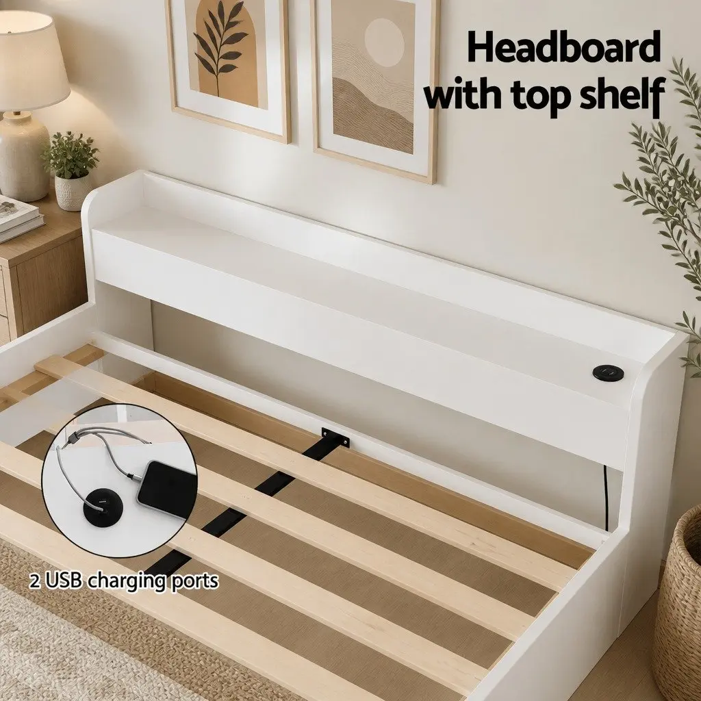 White Double Bed Frame with Storage Headboard & USB Ports