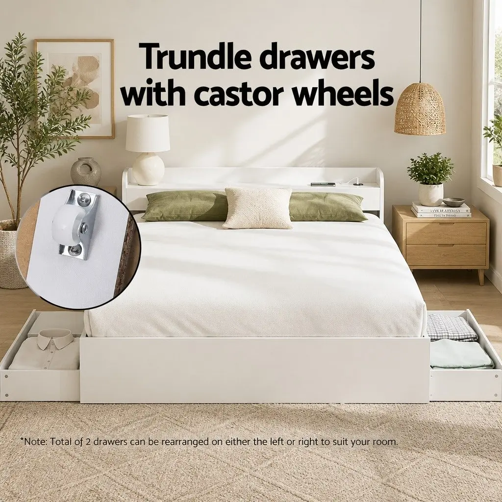 White Double Bed Frame with Storage Headboard & USB Ports