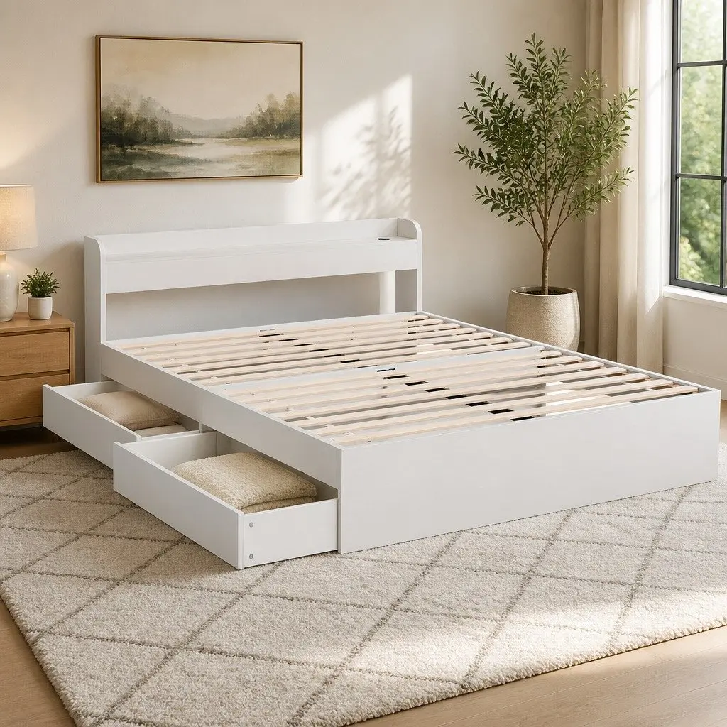 White Double Bed Frame with Storage Headboard & USB Ports