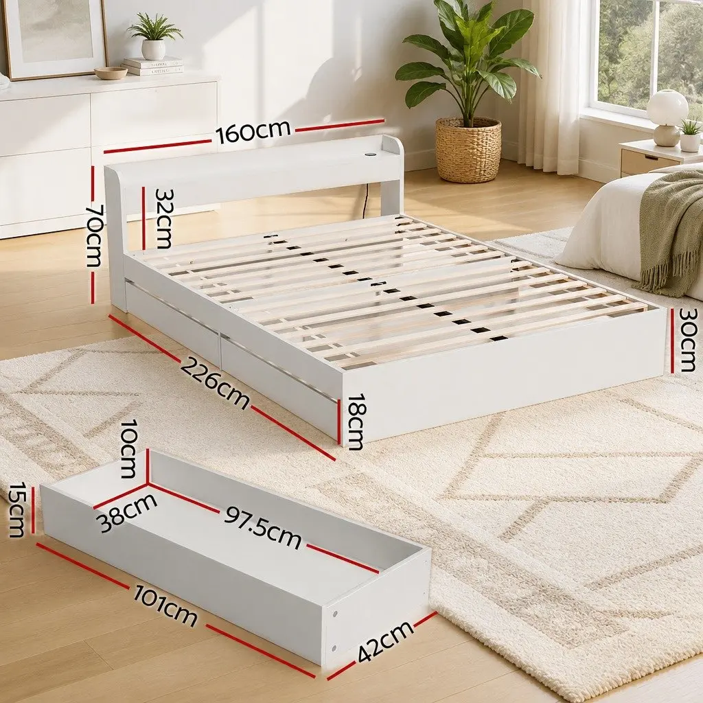 Queen Bed Frame with USB Ports and Storage Drawers
