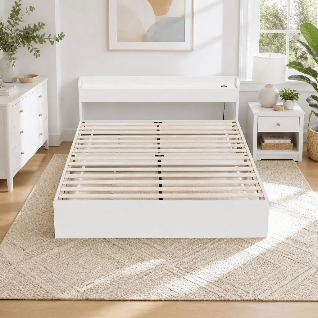 Queen Bed Frame with USB Ports and Storage Drawers