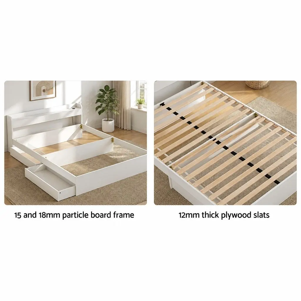 Queen Bed Frame with USB Ports and Storage Drawers