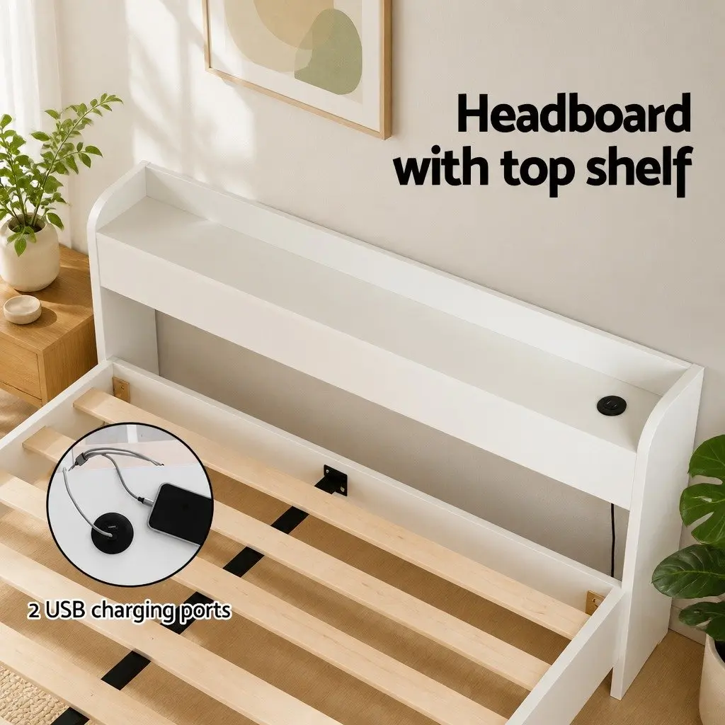 Queen Bed Frame with USB Ports and Storage Drawers