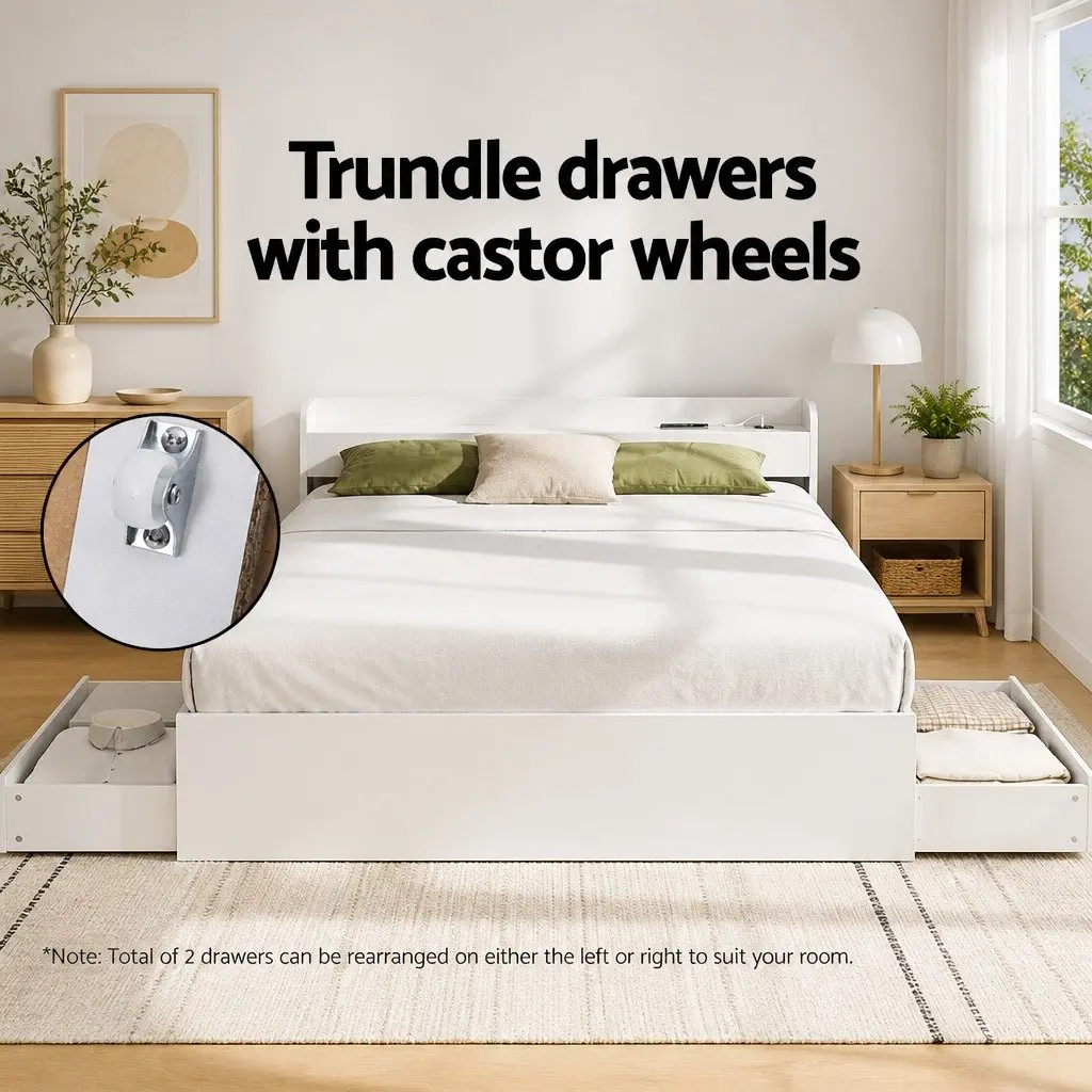 Queen Bed Frame with USB Ports and Storage Drawers