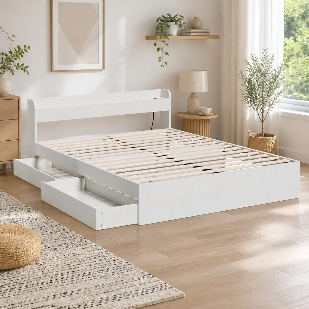 Queen Bed Frame with USB Ports and Storage Drawers