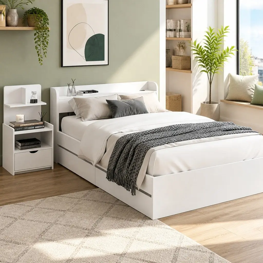 Single Bed Frame with USB Ports & Storage Table