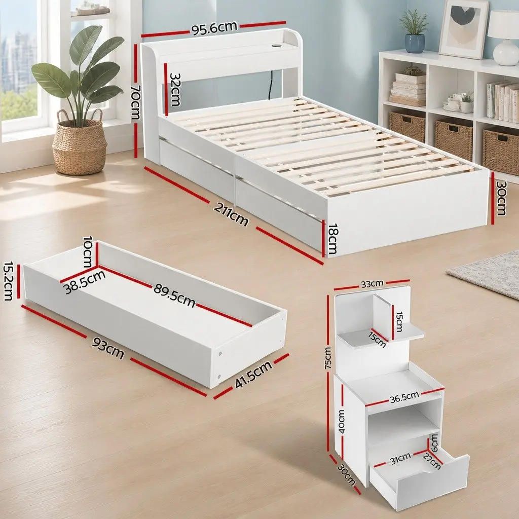 Single Bed Frame with USB Ports & Storage Table