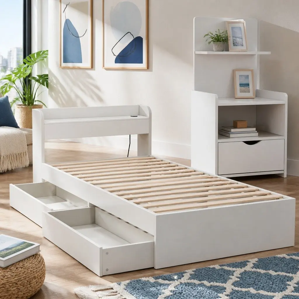 Single Bed Frame with USB Ports & Storage Table