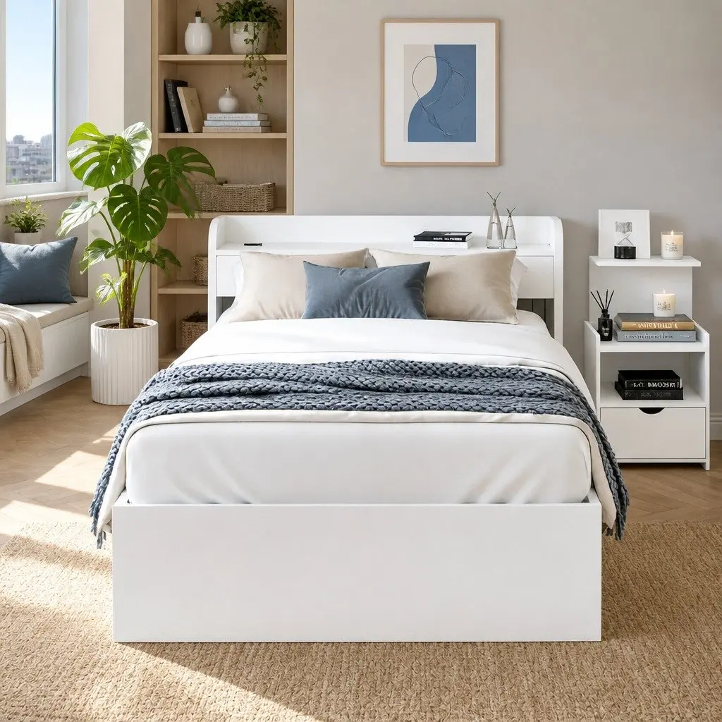 Single Bed Frame with USB Ports & Storage Table
