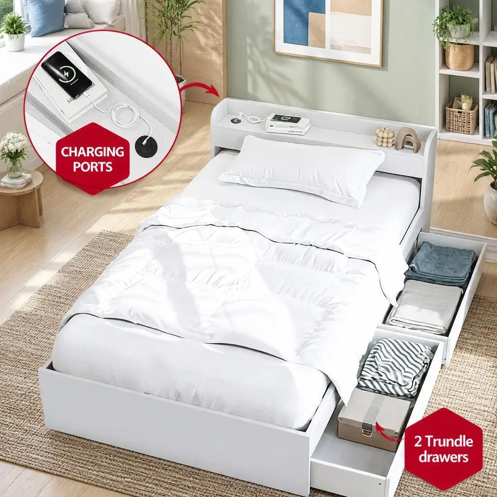 Single Bed Frame with USB Ports & Storage Table