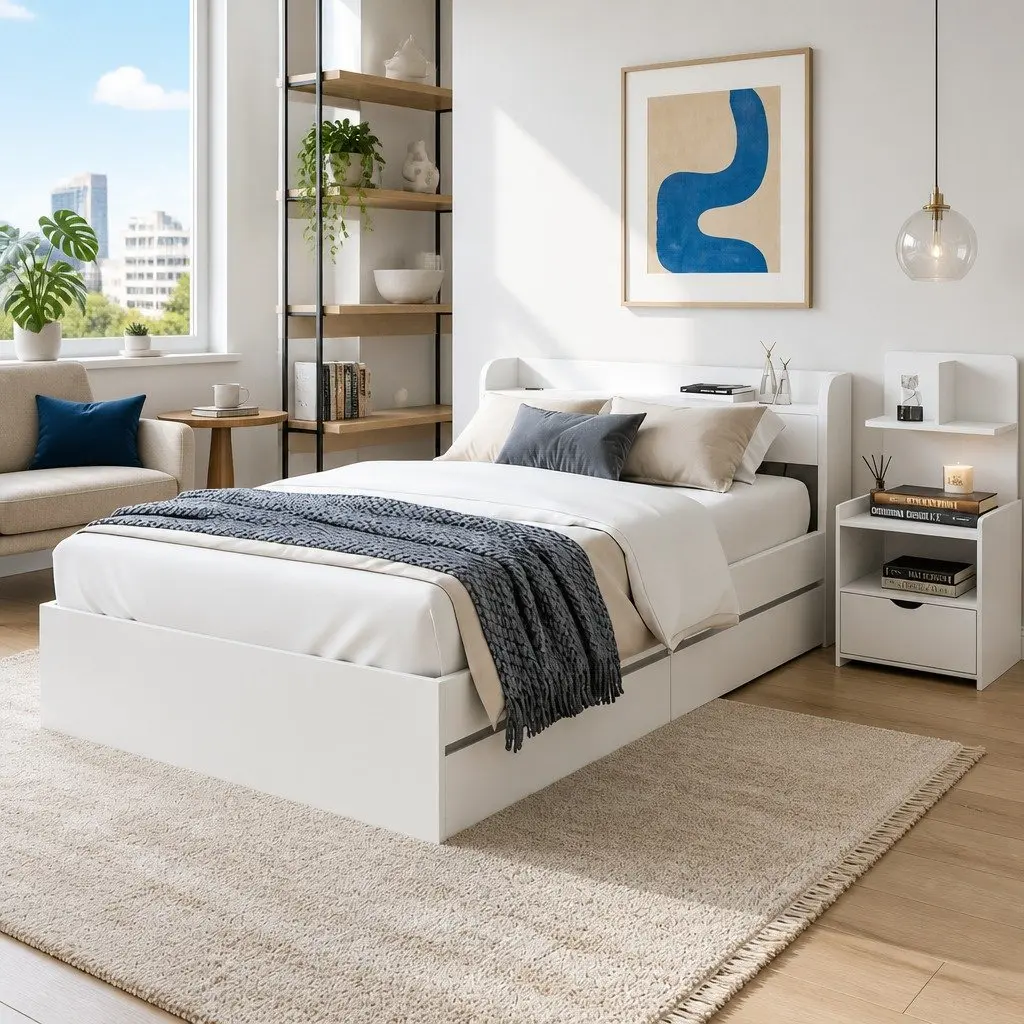 Single Bed Frame with USB Ports & Storage Table
