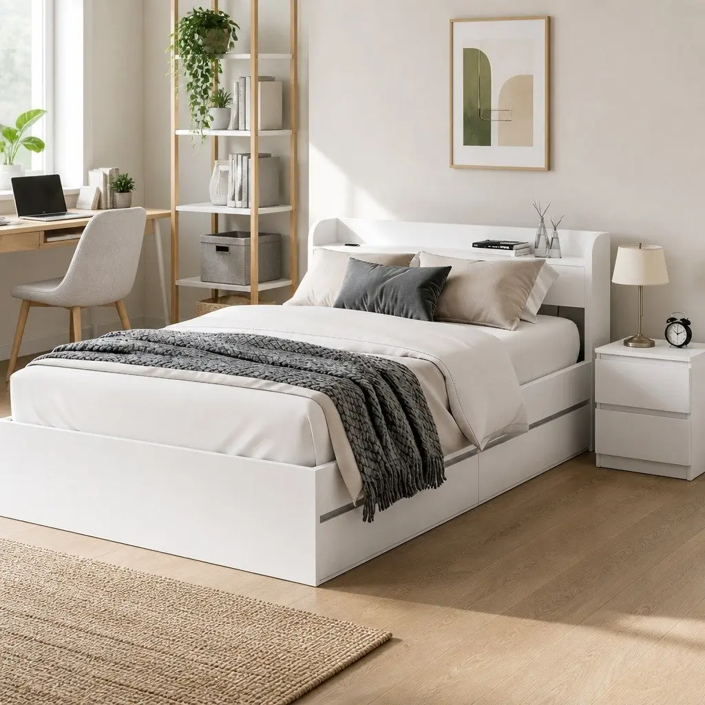 White Wooden Single Bed Frame with USB Charging and Storage