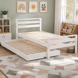Wooden White 2-in-1 Single Bed Frame with Trundle