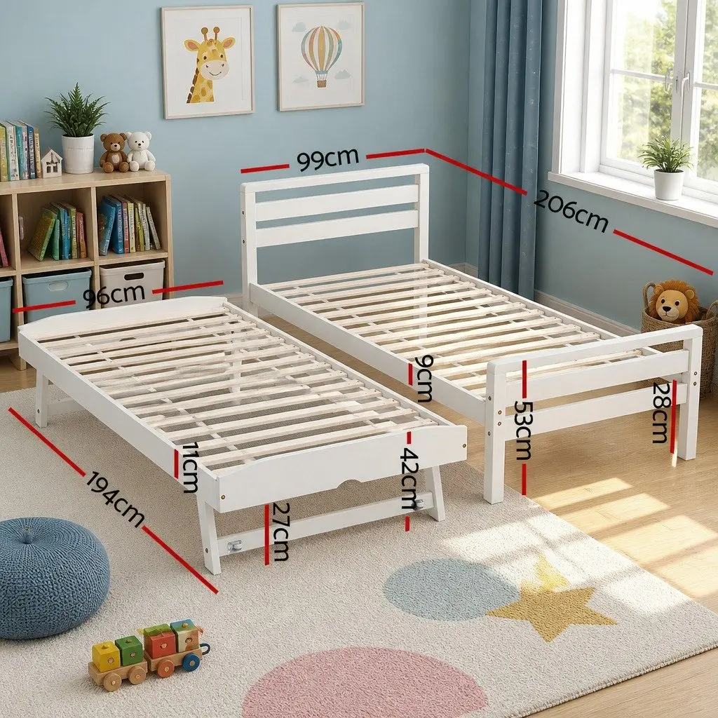 Wooden White 2-in-1 Single Bed Frame with Trundle
