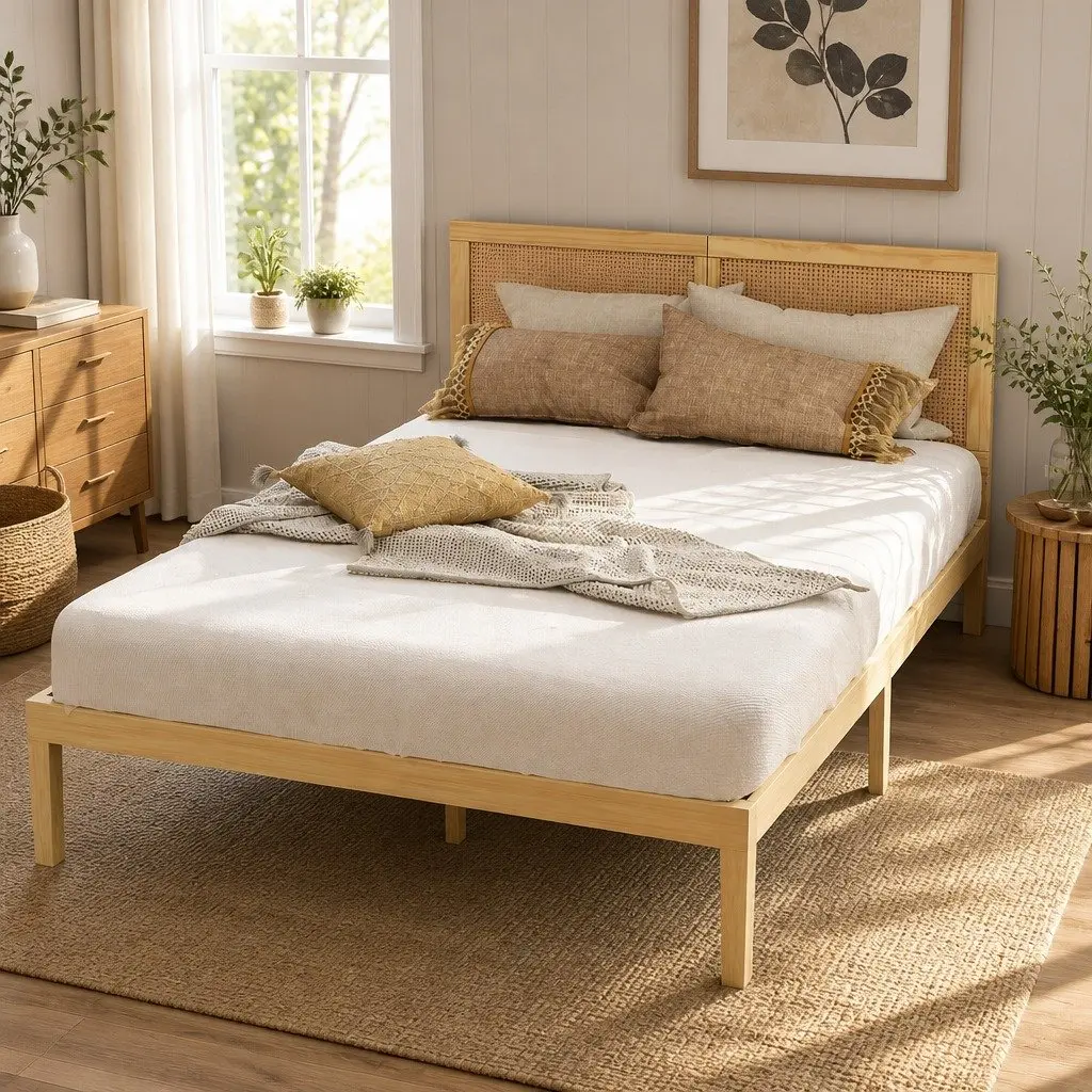 Double Bed Frame with Rattan Headboard