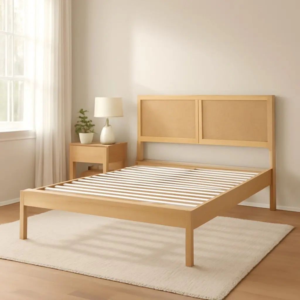 Queen Bed Frame with Rattan Headboard in Pine and Oak