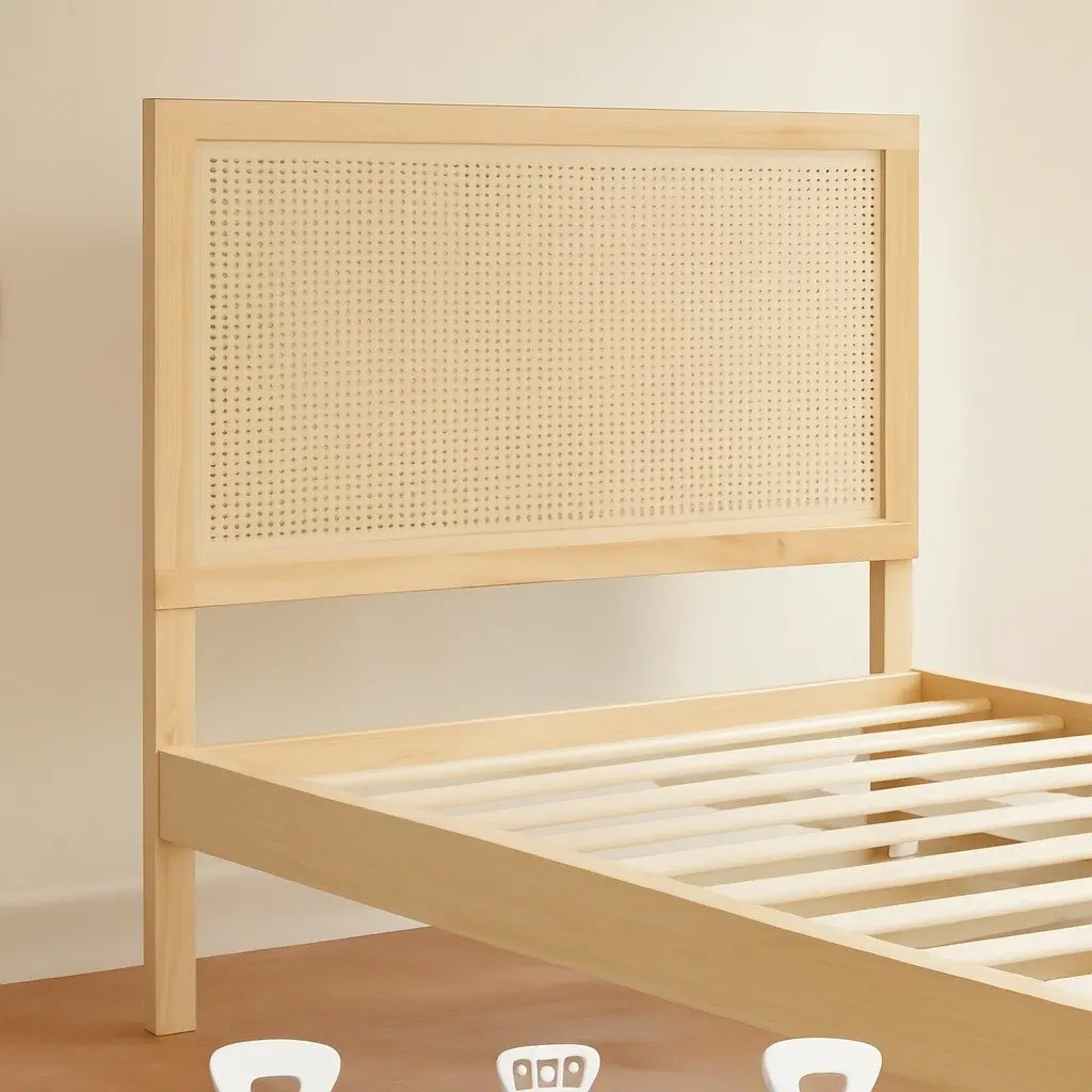 Queen Bed Frame with Rattan Headboard in Pine and Oak