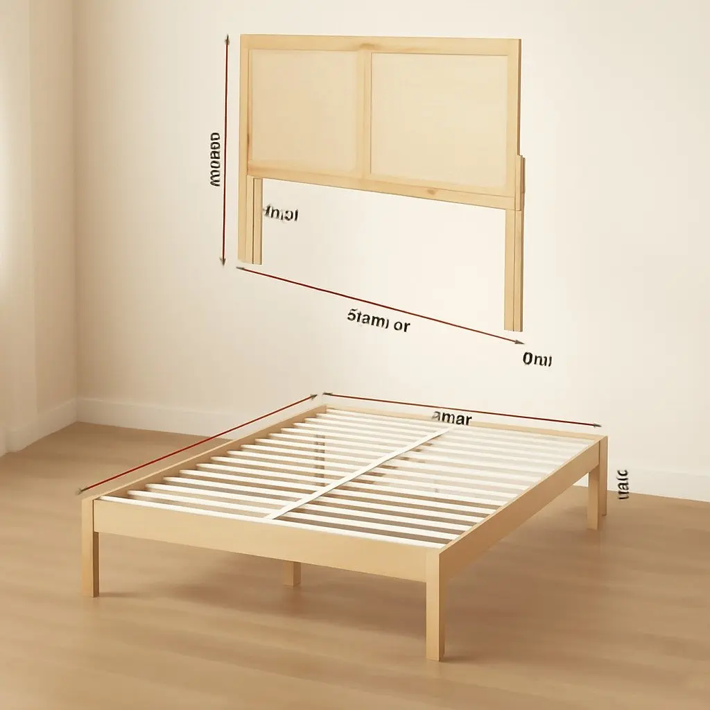 Queen Bed Frame with Rattan Headboard in Pine and Oak
