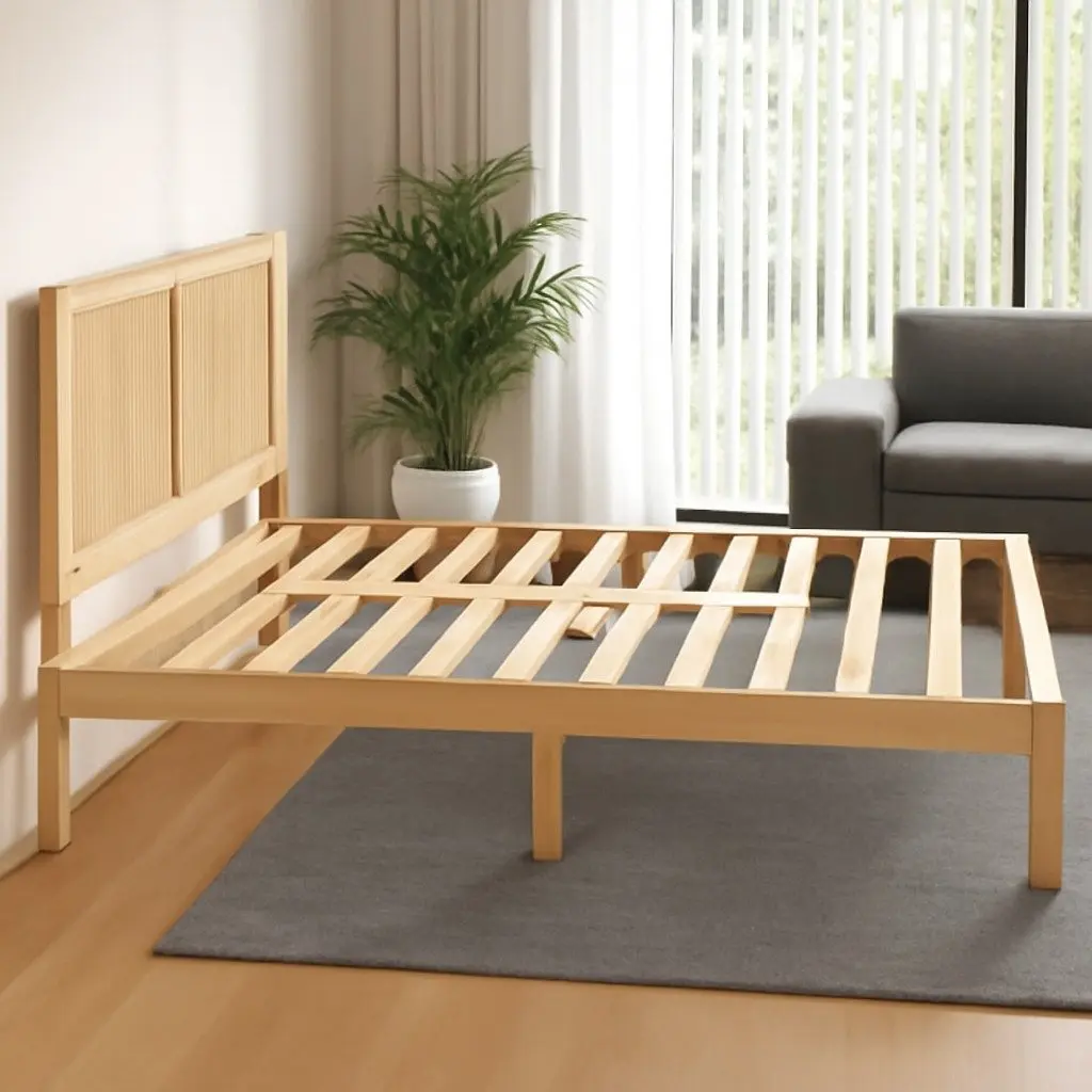 Queen Bed Frame with Rattan Headboard in Pine and Oak