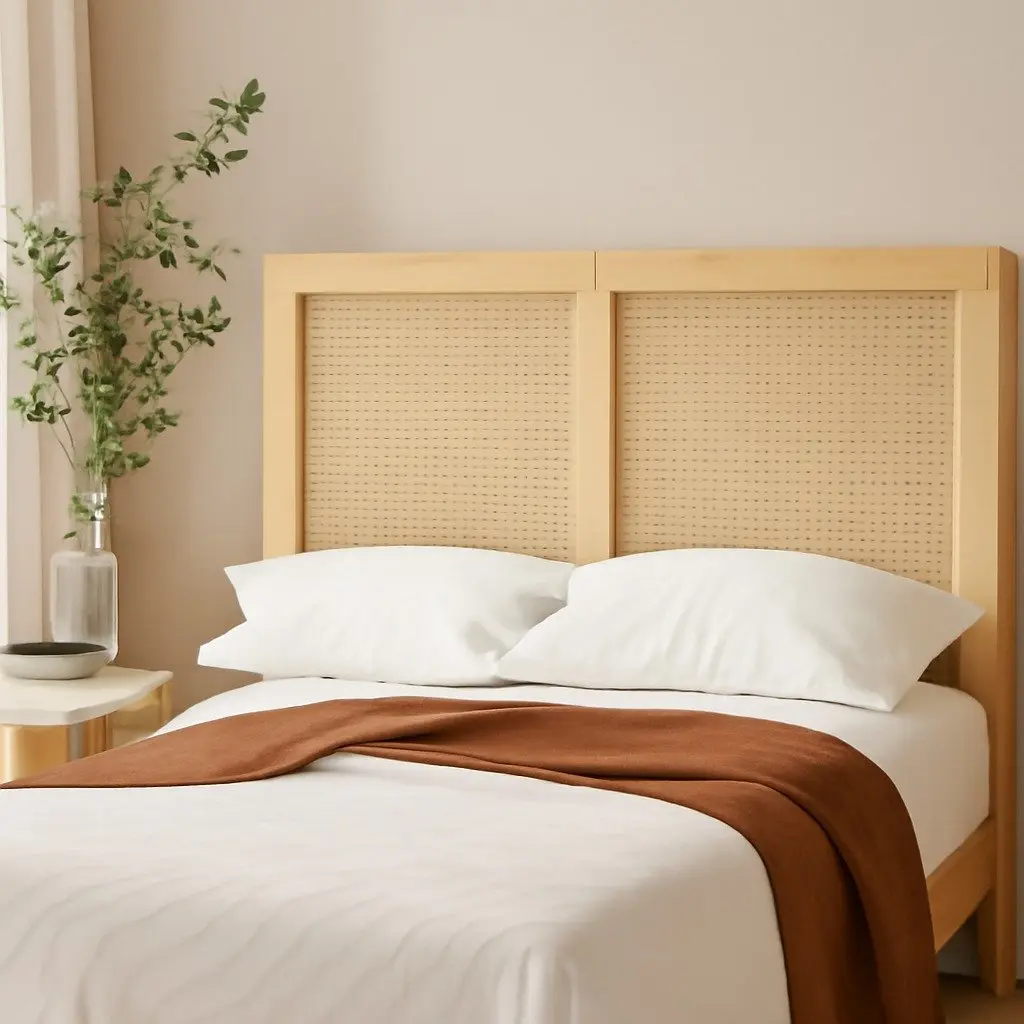 Queen Bed Frame with Rattan Headboard in Pine and Oak