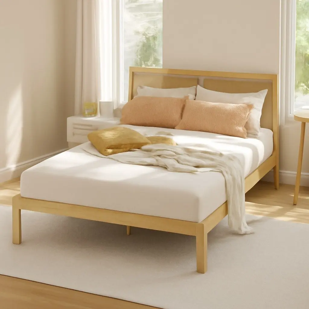Queen Bed Frame with Rattan Headboard in Pine and Oak