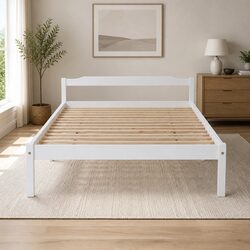 White Wooden Double Bed Frame with Stylish Headboard