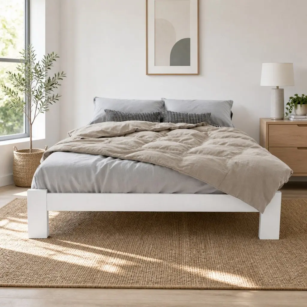 Double Bed Frame Pine Wood White 197cm x 145cm with Under Bed Storage