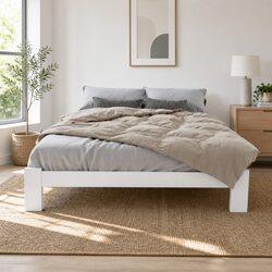 Stylish White Wooden Pine Double Bed Frame with Storage