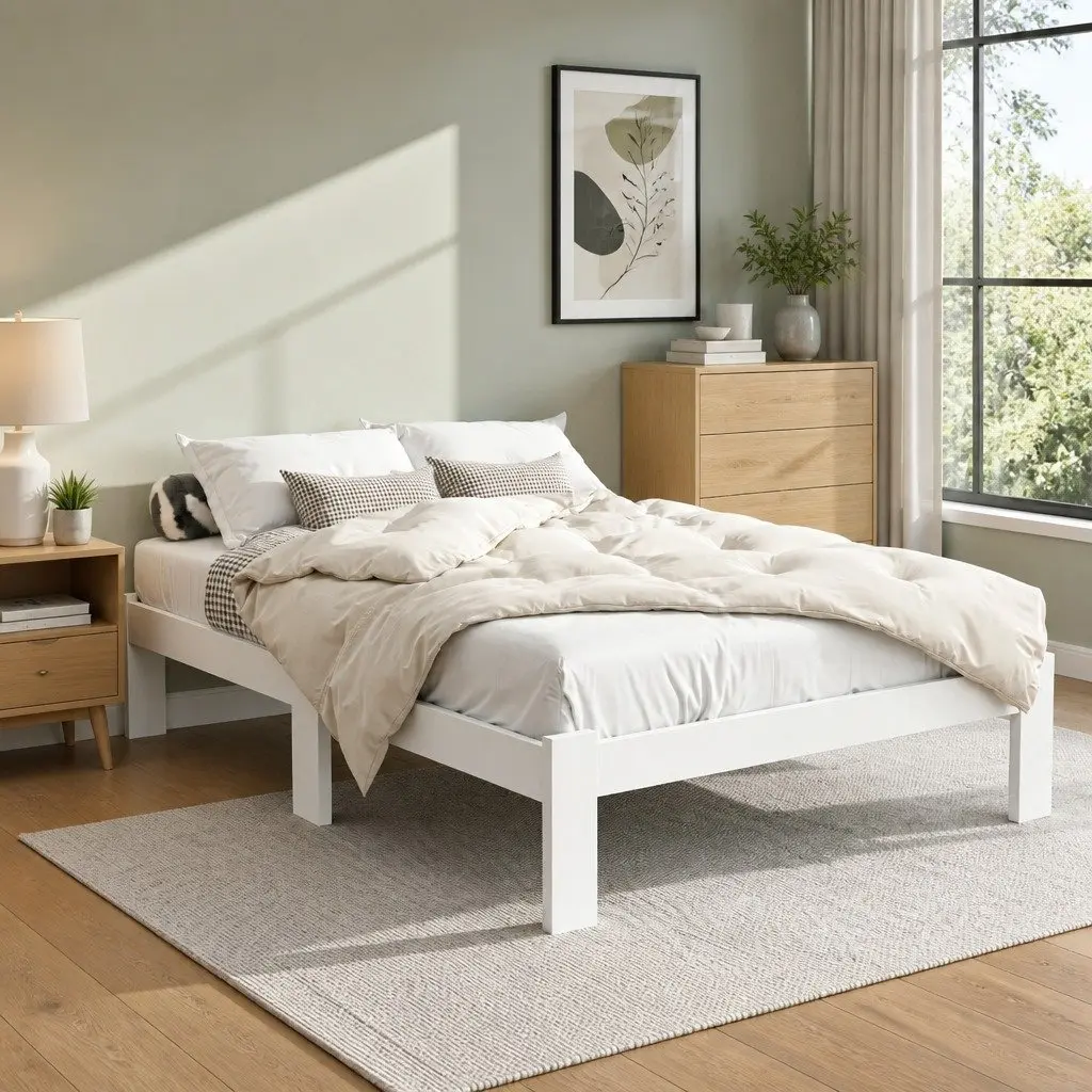 Double Bed Frame Pine Wood White 197cm x 145cm with Under Bed Storage