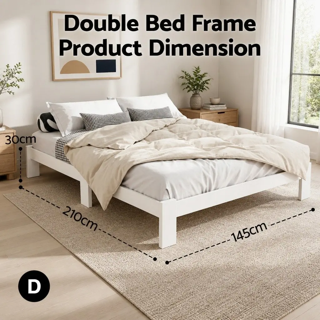 Double Bed Frame Pine Wood White 197cm x 145cm with Under Bed Storage