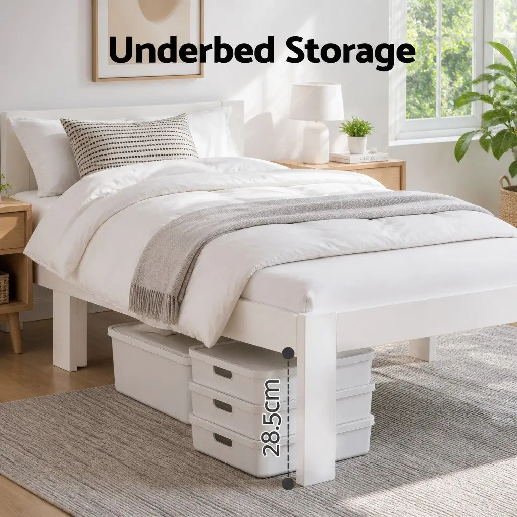 Double Bed Frame Pine Wood White 197cm x 145cm with Under Bed Storage
