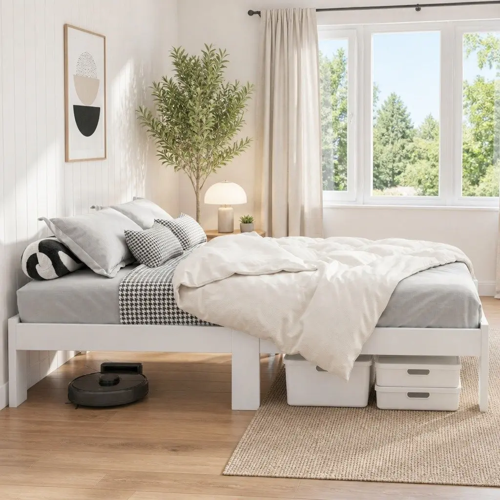 Double Bed Frame Pine Wood White 197cm x 145cm with Under Bed Storage